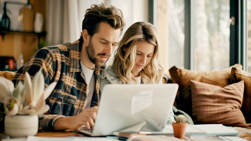 Paar recherchiert Immobilien-Crowdfunding am Laptop