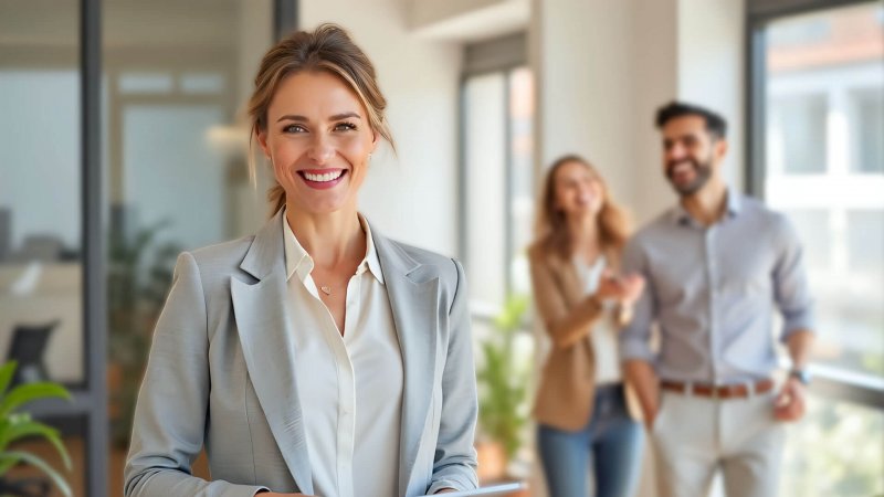Lächelnde Maklerin in modernem Büro mit Kunden im Hintergrund