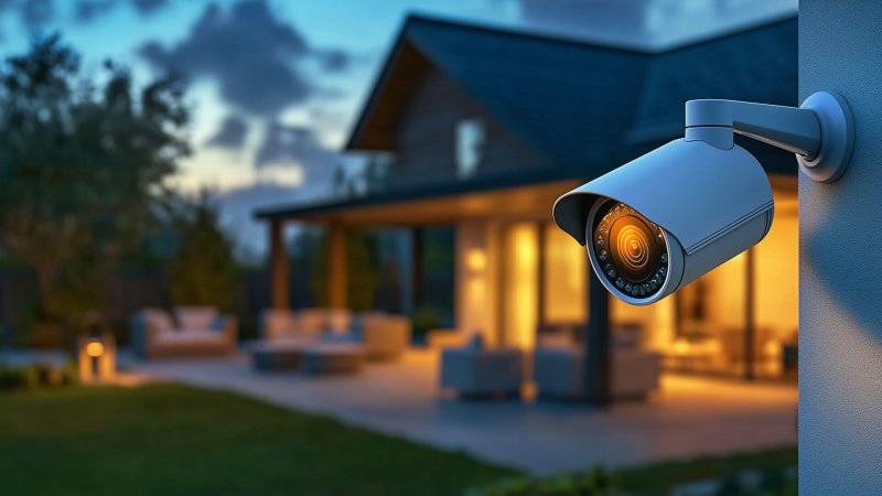 Außenkamera überwacht modernes Haus bei Dämmerung