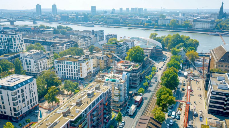 Luftaufnahme einer Stadt mit Fluss und moderner Infrastruktur