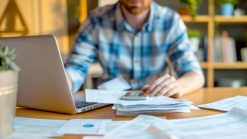 Person mit Laptop und Rechnungen am Tisch