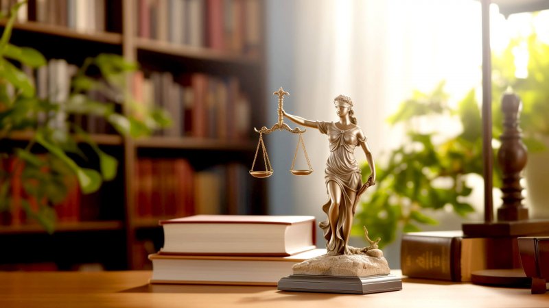 Justitia-Statue mit Waage in einer Bibliothek