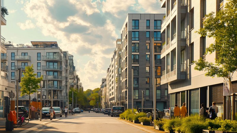 Straße mit modernen Wohngebäuden und Bäumen