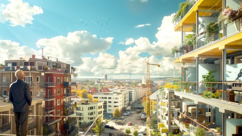 Mann auf Balkon mit Blick auf moderne Stadtlandschaft
