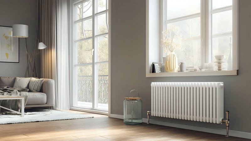 Heller Wohnraum mit großem Fenster und Heizkörper