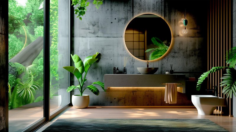 Luxuriöses Badezimmer mit großem Fenster und Pflanzen