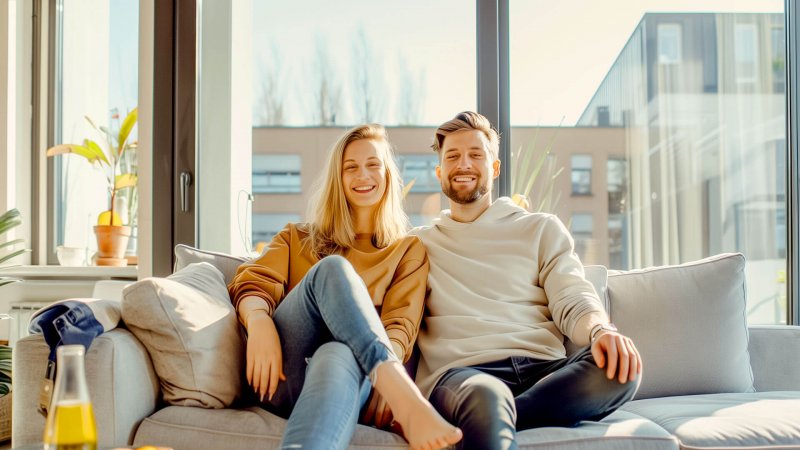 Junges Paar sitzt lächelnd auf einem Sofa in heller Wohnung